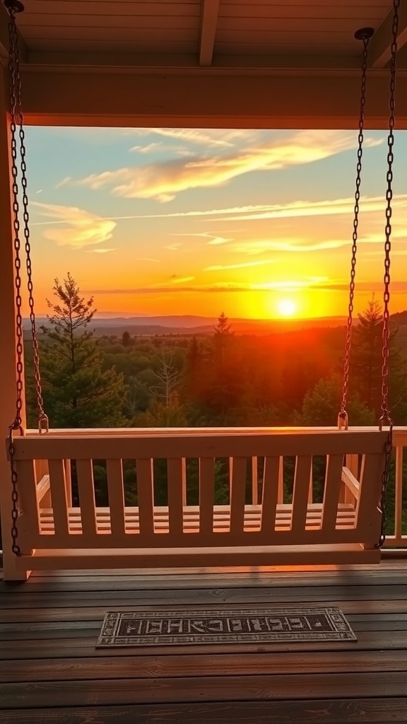 29 Charming Front Porch Swing Ideas for Relaxing Outdoors A front porch swing overlooking a scenic sunset with trees in the background.