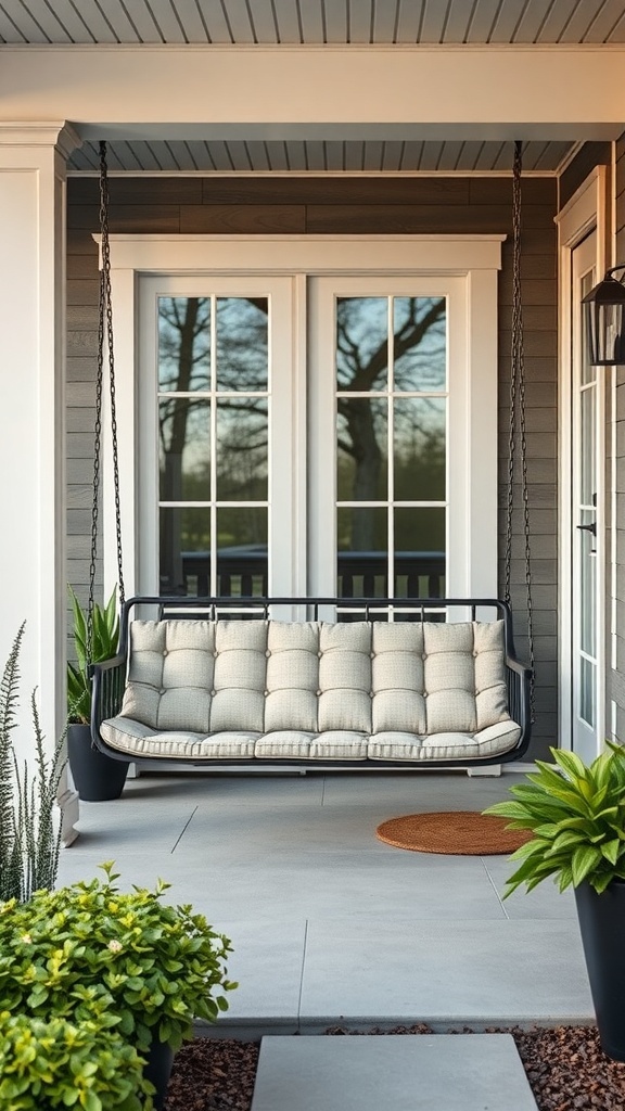29 Charming Front Porch Swing Ideas for Relaxing Outdoors A modern front porch swing with plush cushions, suspended from chains, surrounded by greenery.