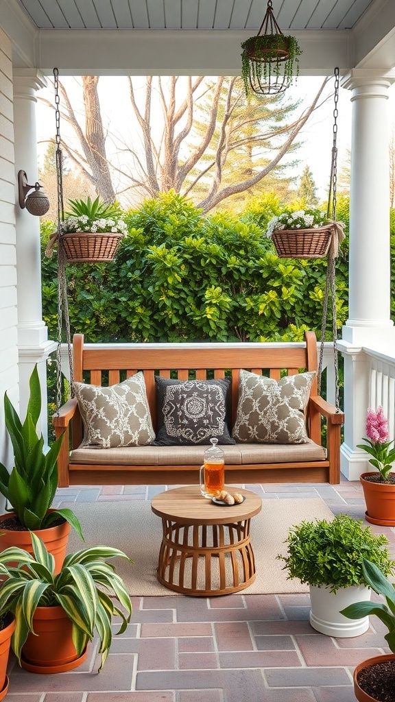 29 Charming Front Porch Swing Ideas for Relaxing Outdoors A cozy porch swing surrounded by potted plants and a small table with drinks.