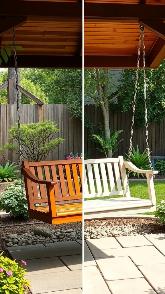 27+ Cozy Porch Swing Ideas to Enhance Your Outdoor Space A side-by-side comparison of a traditional wooden porch swing and a modern white porch swing, set in a garden.