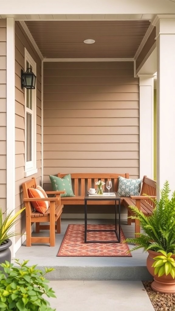 A cozy front porch with multi-functional furniture, featuring wooden benches, a small table, colorful cushions, and potted plants.