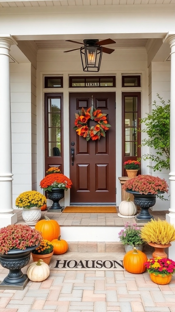 A beautifully decorated porch featuring a brown door, autumn wreath, colorful mums, and pumpkins.