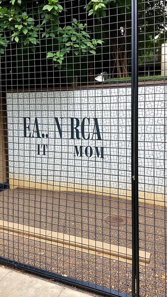 Artistic metal mesh fence with a textured wall behind it, featuring greenery and text