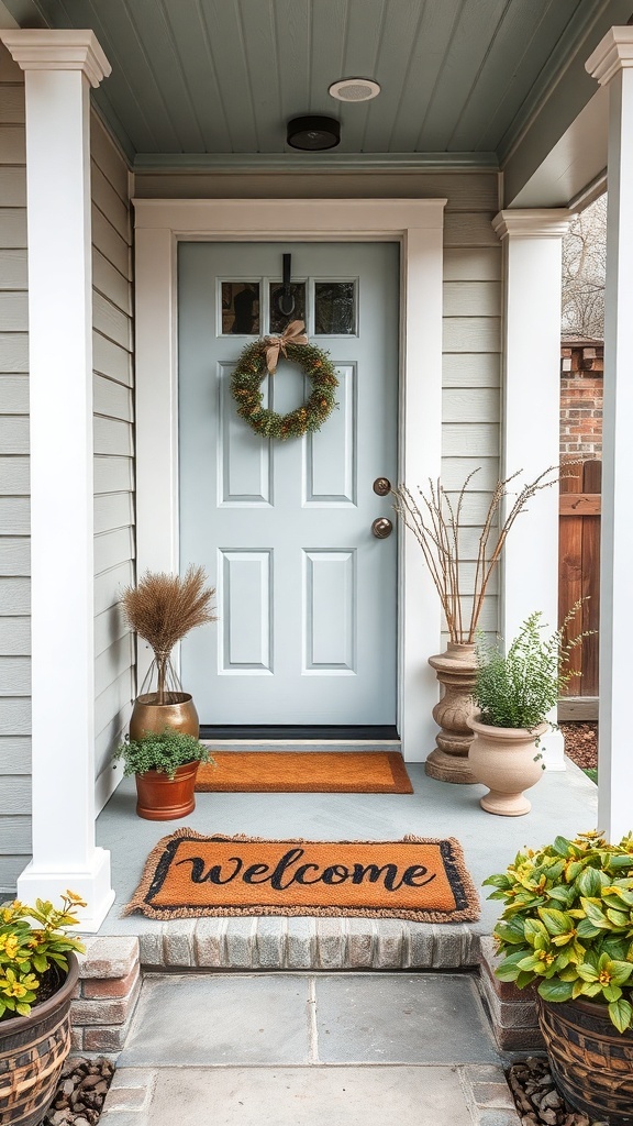 A rustic welcome mat on a small front porch with a light blue door and potted plants.