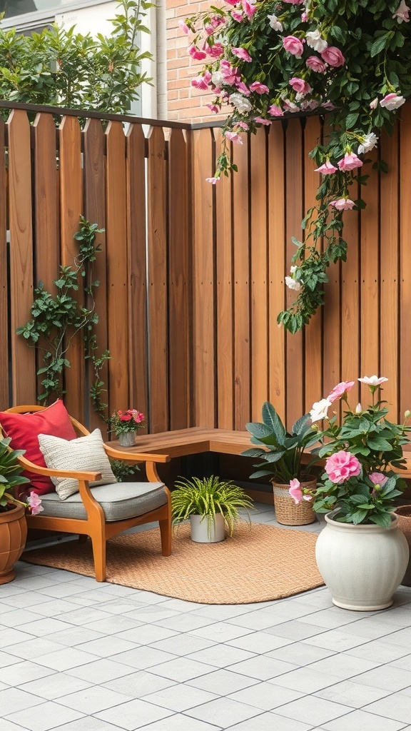 Cozy corner seating area with wooden fence, flowers, and potted plants.
