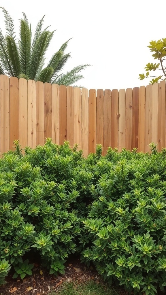 A wooden fence with tall green plants in front, creating a private garden space.
