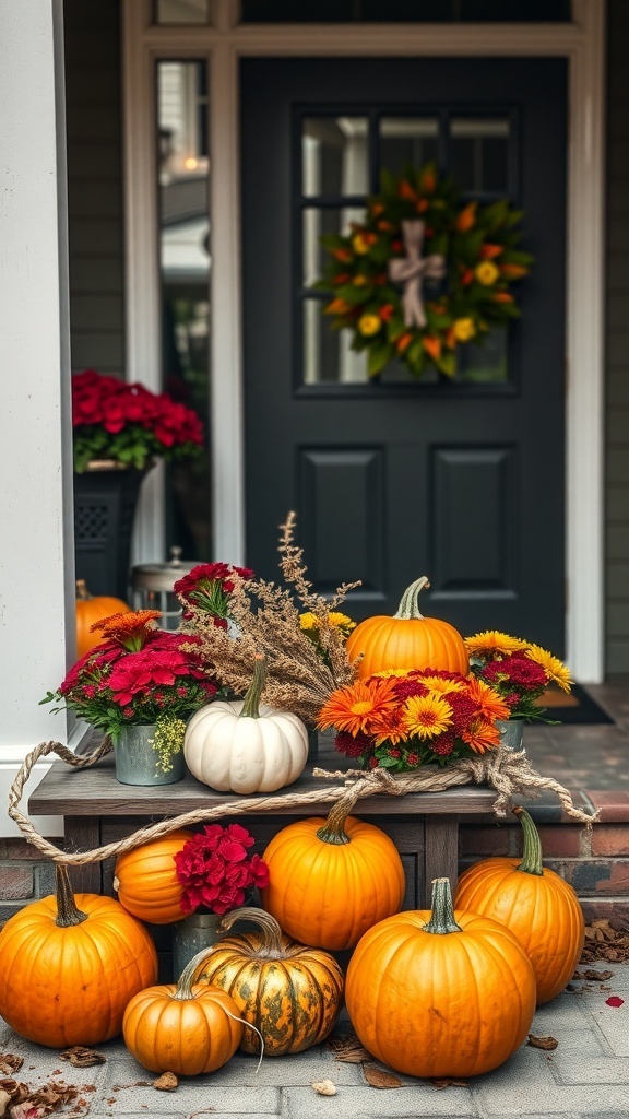 A cozy porch display featuring pumpkins and colorful flowers for autumn.