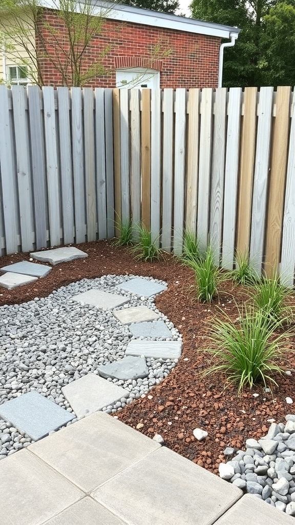 A corner landscape featuring a wooden fence, stone pathways, and gravel, with plants around the edges.