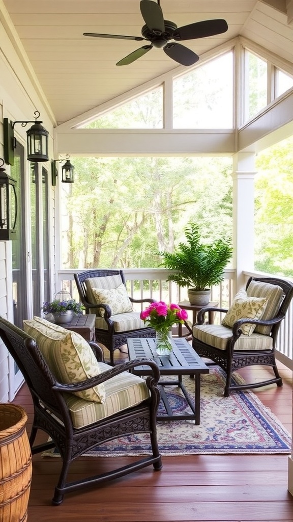 Cozy three-season porch with weather-resistant fabrics and lush greenery