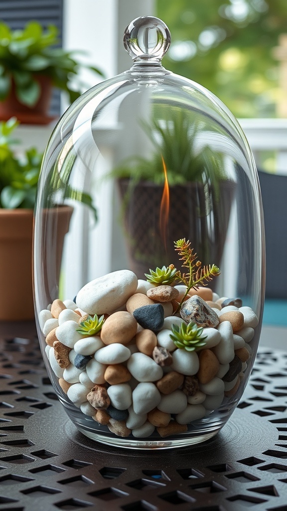 A glass terrarium with pebbles and succulents under a dome.