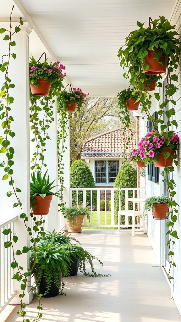 A porch with hanging planters filled with cascading vines and colorful flowers.