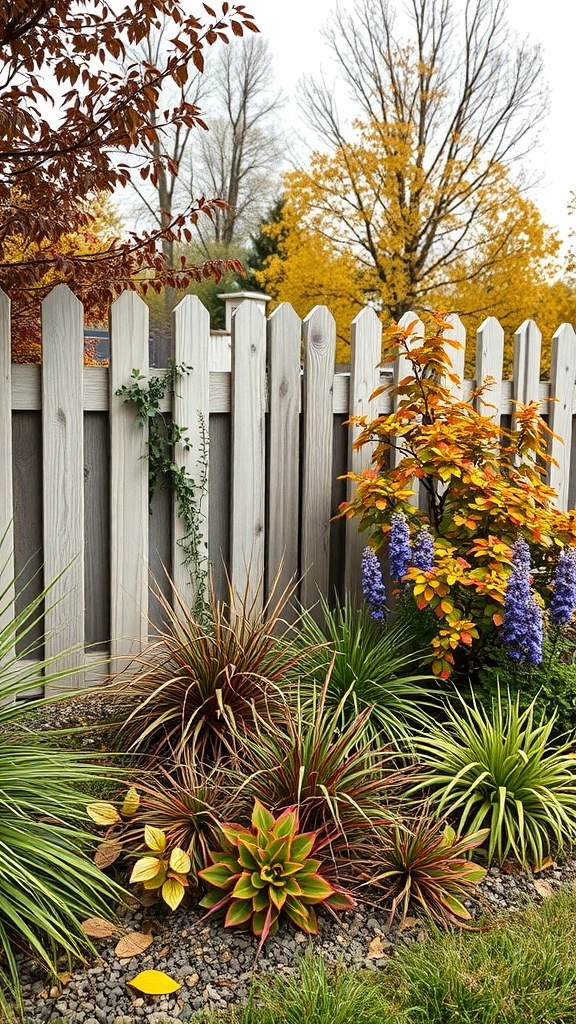 A corner landscape with colorful plants and a wooden fence, showcasing autumn colors.
