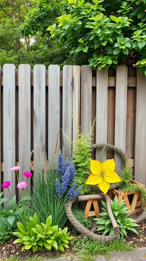 A colorful corner garden with a wooden fence, featuring various plants and flowers.