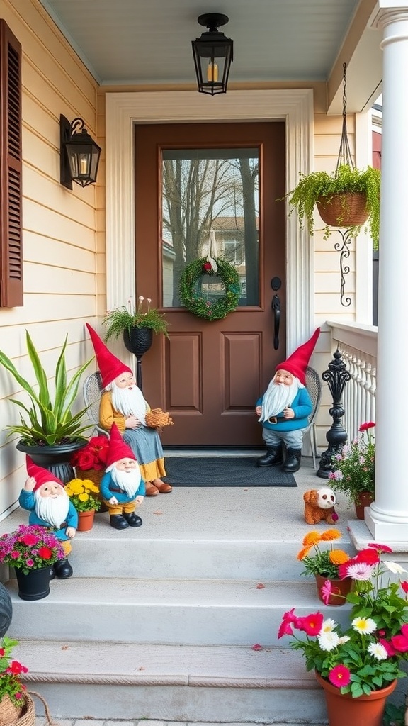 A front porch decorated with colorful miniature garden gnomes and vibrant flowers.