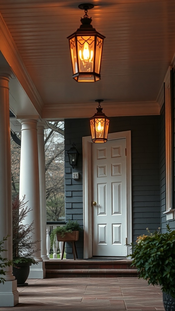 A small front porch with decorative lanterns hanging from the ceiling, providing warm light.
