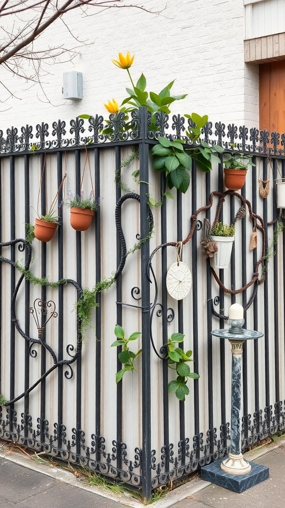 Decorative corner fence with plants and wall decor