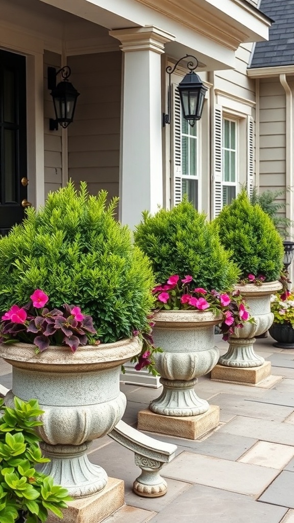 A row of stone planters with lush green plants and colorful flowers on a porch.
