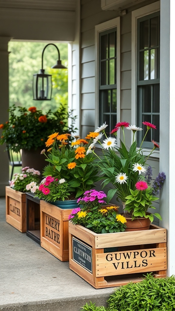 Colorful flowers planted in repurposed wooden crates on a porch