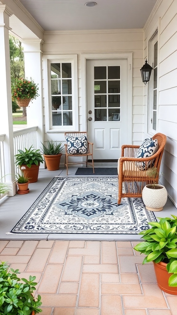 Stylish outdoor rug on a front porch with a cozy chair and potted plants.