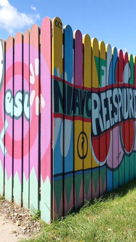A colorful fence with artistic designs in bright colors.