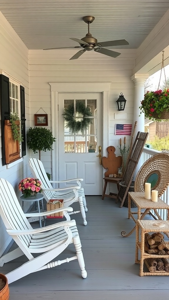A cozy three-season porch with white rocking chairs, a flower arrangement, and vintage decor.