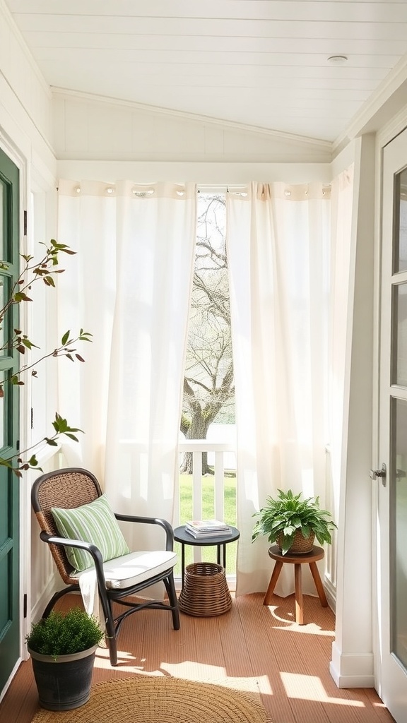 A cozy three-season porch with light curtains, a chair, and plants.