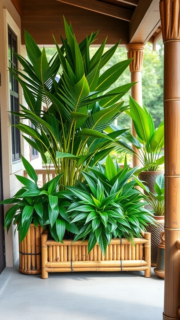 Bamboo planter boxes filled with lush green plants on a porch