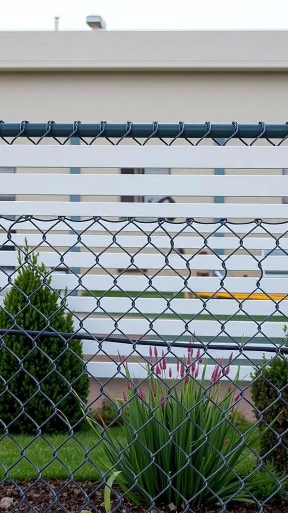 A chain link fence with white privacy slats, surrounded by green plants and flowers.