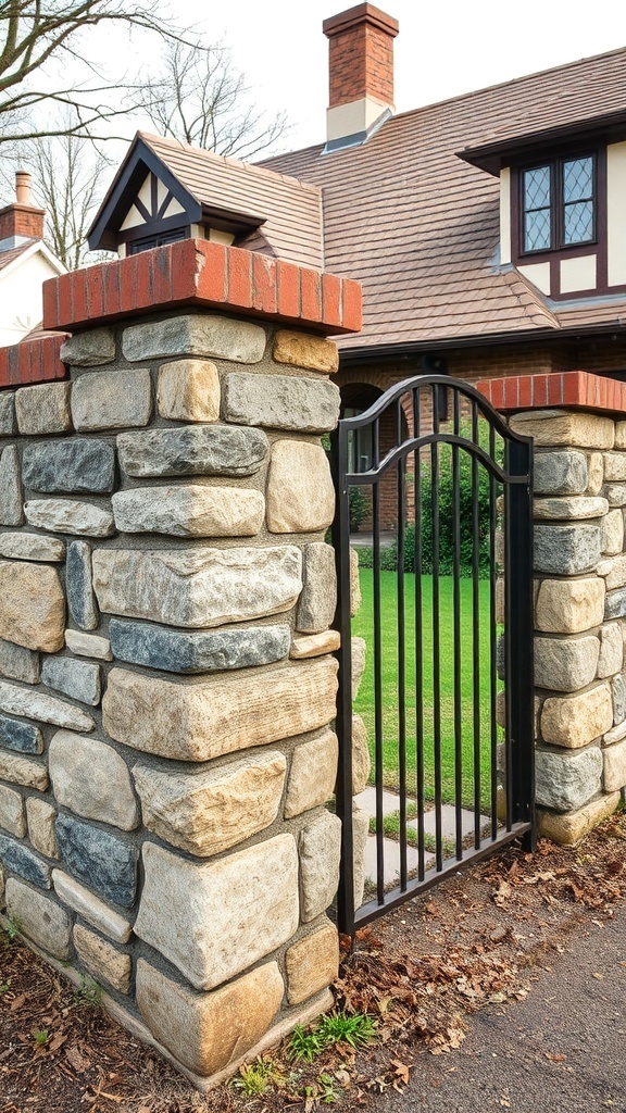 A stone and brick combination fence with a black metal gate.