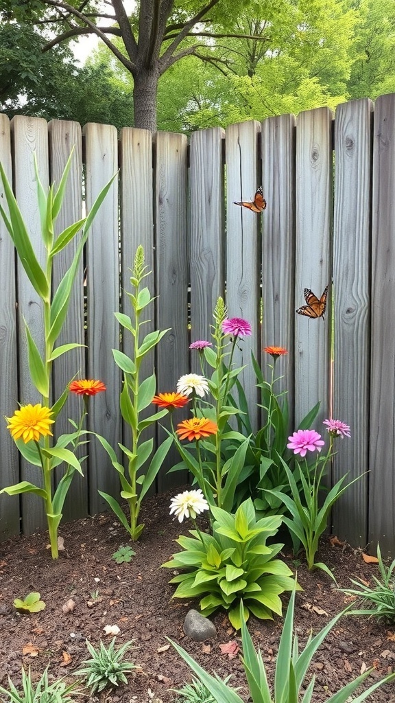 A colorful corner garden with flowers and a wooden fence, attracting butterflies.