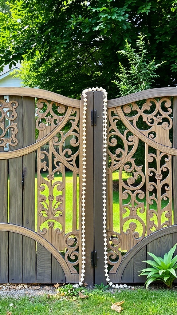 A decorative wooden gate with intricate designs surrounded by greenery.
