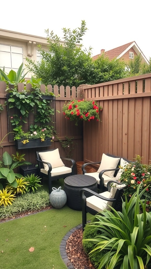 A cozy corner retreat with seating, plants, and a wooden fence.