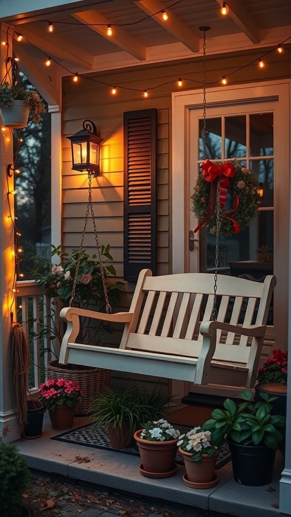 A charming swing chair on a small front porch, surrounded by plants and warm lights.