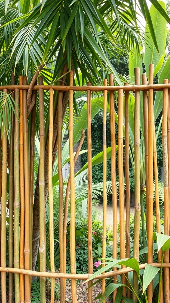 A bamboo fence surrounded by lush green plants and foliage