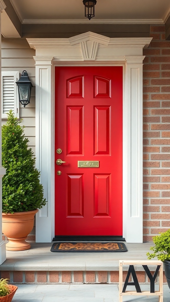 A vibrant red door with white trim on a small front porch, surrounded by potted plants.