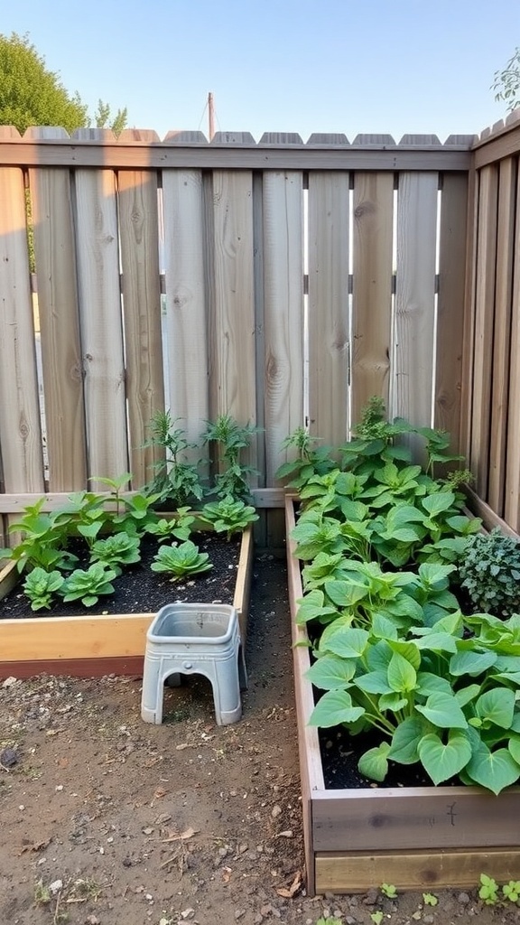 Two raised garden beds filled with leafy greens and larger plants, with a stool in between.