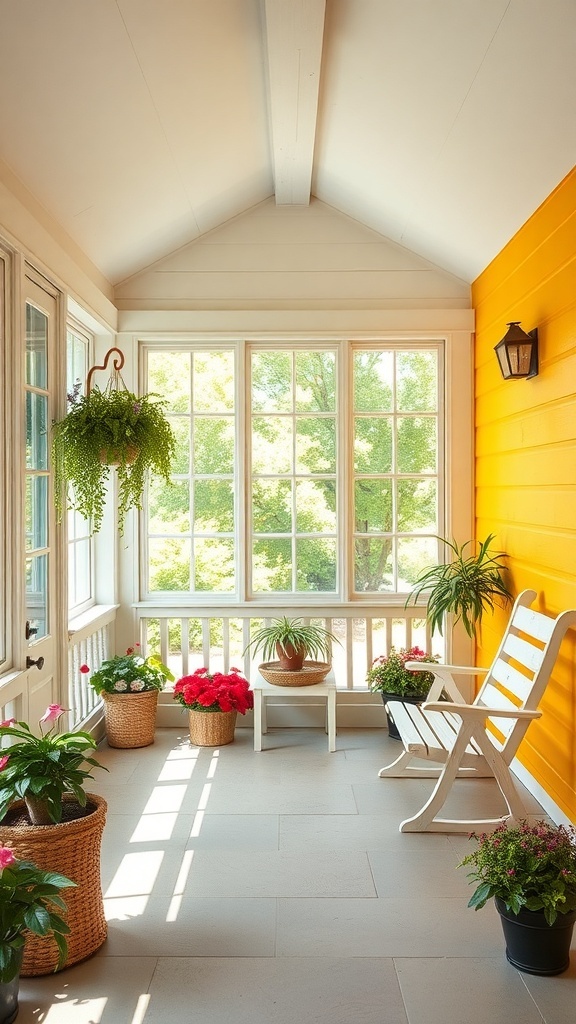 A bright yellow accent wall in a three-season porch with plants and a white chair.