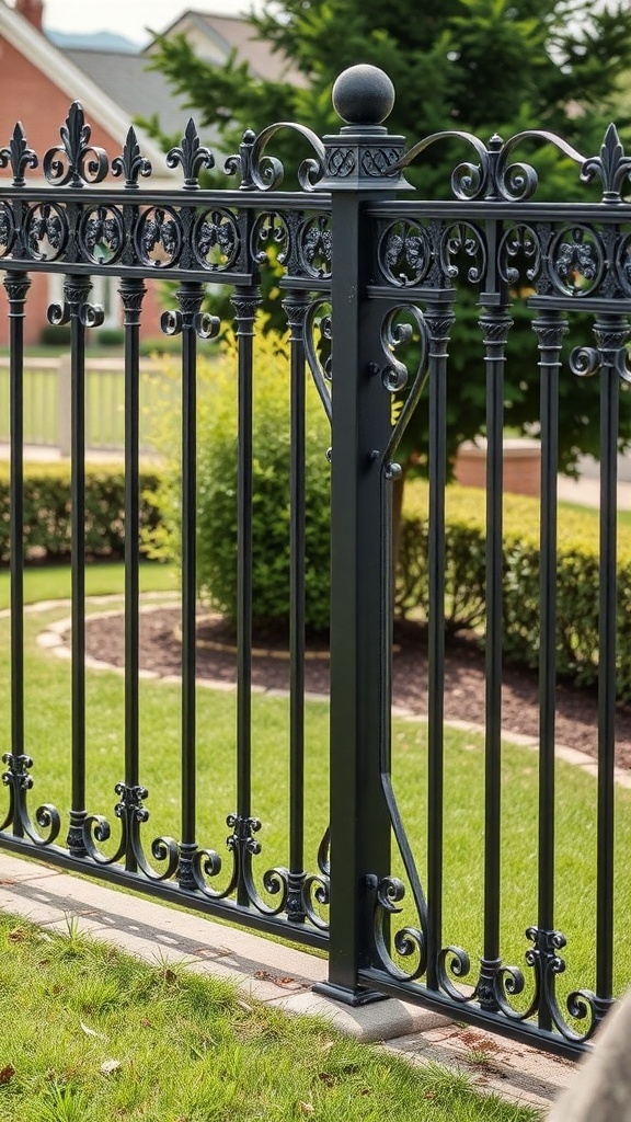 A decorative wrought iron fence with intricate designs and a black finish, surrounded by green grass and plants.