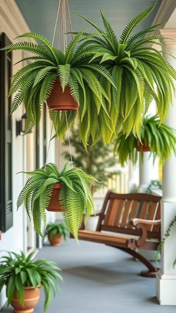 Hanging ferns in pots on a porch with a wooden bench