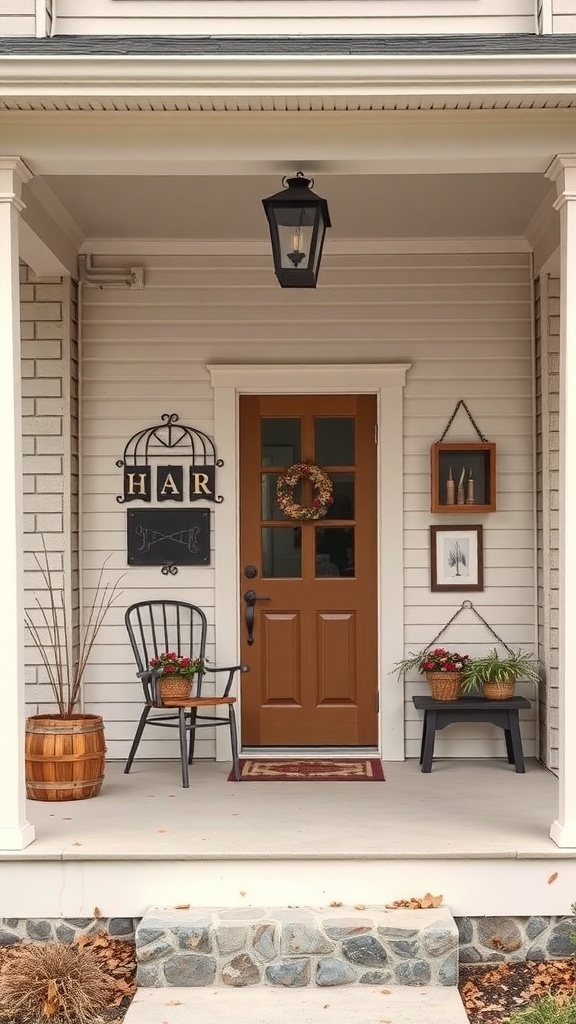 Small front porch with artistic wall decor including a sign, framed art, and plants.