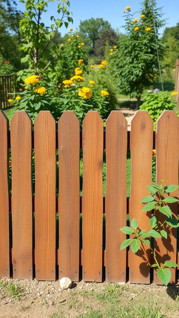 A reclaimed wood fence with a natural finish, surrounded by colorful flowers and greenery.