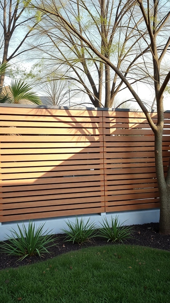 Modern horizontal slat fence with greenery