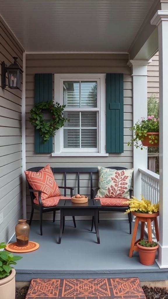 Cozy front porch seating nook with pillows and plants