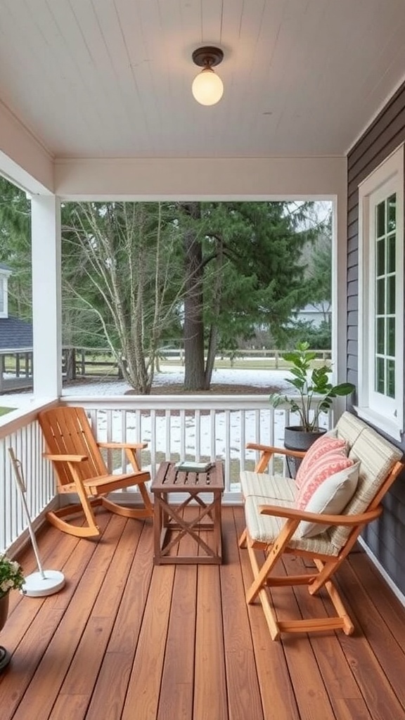 Cozy three-season porch with foldable furniture including two chairs and a small table.