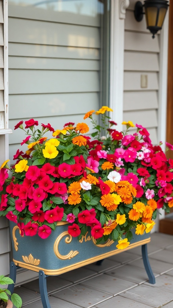 A vibrant flower box filled with pink, yellow, and orange flowers on a porch.