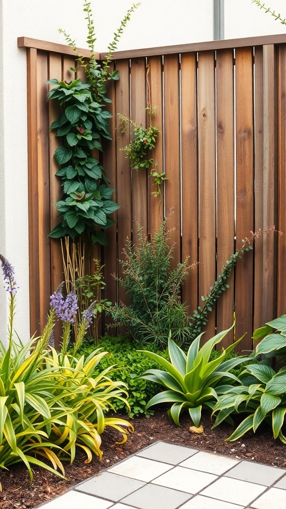 A corner garden with a wooden fence, featuring a variety of plants including climbing vines, ground cover, and colorful flowers.