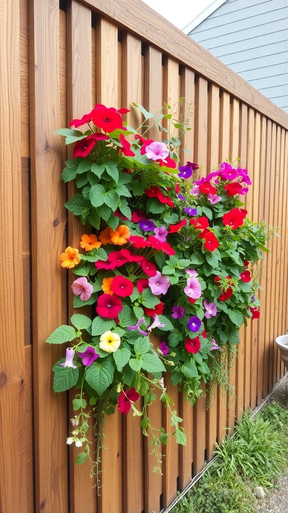 A vibrant vertical garden with colorful flowers on a wooden fence.