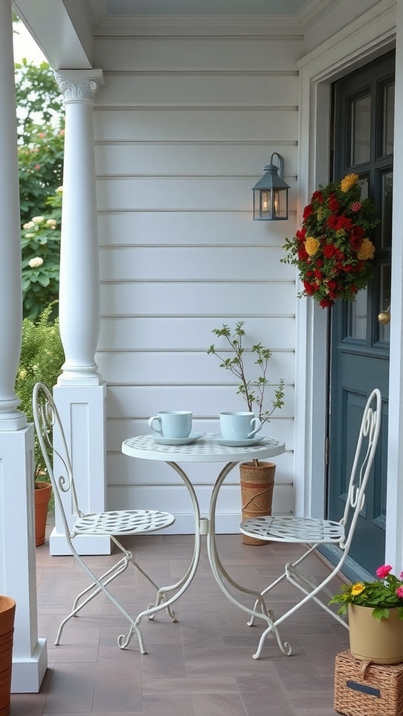 A small front porch featuring a bistro table for two with light-colored chairs, two cups on the table, and surrounding plants.