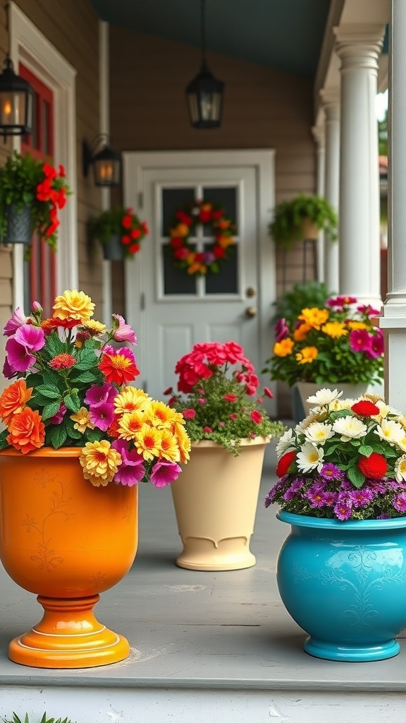 Colorful painted planters with vibrant flowers on a porch