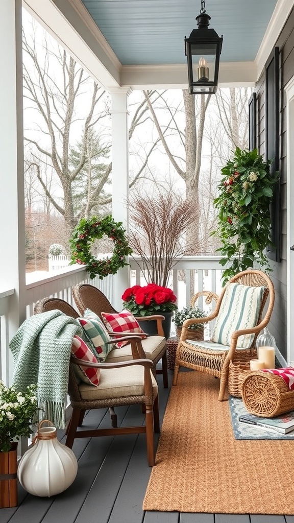 Cozy three-season porch with comfortable throw blankets on chairs, decorated for the holidays.